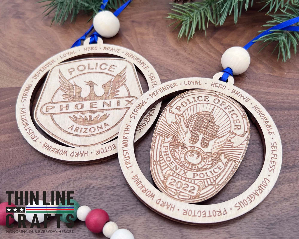 Personalized Phoenix Police Department Badge and Firebird Patch Ornaments